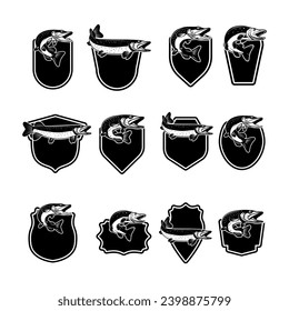 Set of fishing emblems with pike fish Design element for emblem, sign, badge. Vector illustration