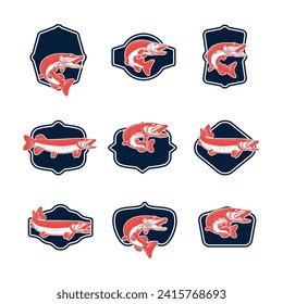 Set of fishing emblems with pike fish Design element for emblem, sign, badge. Vector illustration