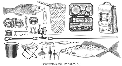 Set of fishing equipment. Collection of devices for sport fishing. Sketch style fishing rod, net, line, floats, tackle box, portable camping chair, rope, backpack. Hand drawn illustration of fish