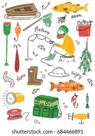 Set of fishing equipment doodle