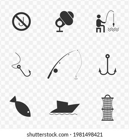 Conjunto de equipos de pesca simples iconos vectoriales en color oscuro y fondo transparente (png). Ilustración vectorial.
