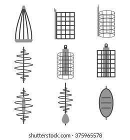 Set of fishing feeder tackles. Spring feeder with lead sinker. Fishing tools made as vector illustration.