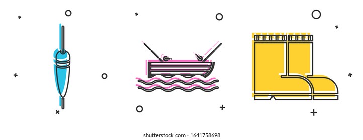 Set Fishing float, Fishing boat with fishing rod on water and Fishing boots icon. Vector