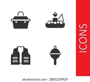 Set Fishing float, Case or box for fishing equipment, jacket and Fisherman boat icon. Vector
