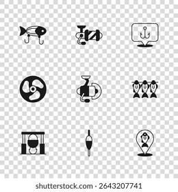 Set Fishing float, Dried fish, Location fishing, Spinning reel for, hook, lure,  and Outboard boat motor icon. Vector