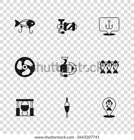 Set Fishing float, Dried fish, Location fishing, Spinning reel for, hook, lure,  and Outboard boat motor icon. Vector