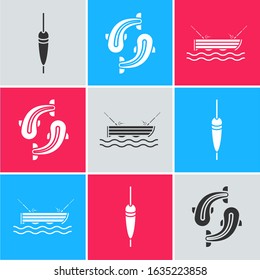 Set Fishing float, Fish and Fishing boat with fishing rod on water icon. Vector