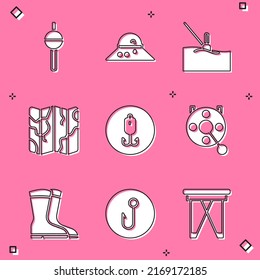 Set Fishing float, Fisherman hat, water, Folded map, hook, Spinning reel for fishing, boots and  icon. Vector