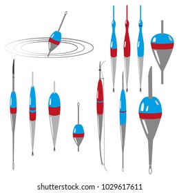 Set of fishing float, icon of fishing float. Drawing in blue and red color on white background. Can be used in postcards, posters, textiles, logo for fishing club. Vector illustration.