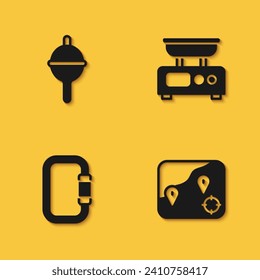 Set Fishing float, Location fishing, Carabiner and Electronic scales icon with long shadow. Vector