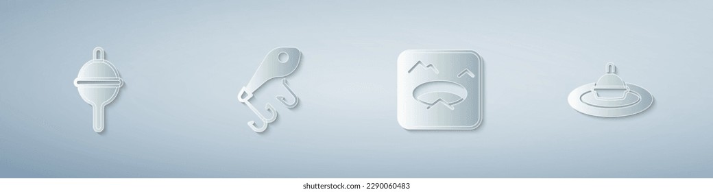 Set Fishing float, lure, Winter fishing and water. Paper art style. Vector