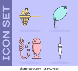 Set Fishing float, Fishing net with fish, Fishing and Fishing spoon icon. Vector