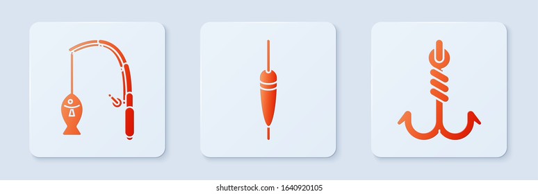 Set Fishing float, Fishing rod and fish and Fishing hook. White square button. Vector