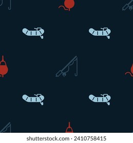 Set Fishing float, rod and Inflatable boat with motor on seamless pattern. Vector