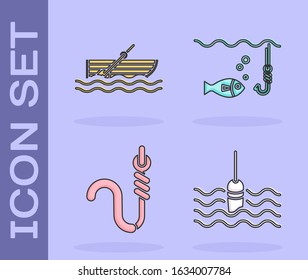 Set Fishing float in water, Fishing boat with oars on water, Fishing hook and worm and Fishing hook under water with fish icon. Vector