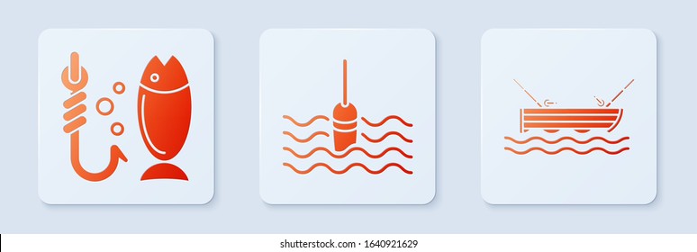 Set Fishing float in water, Fishing and Fishing boat with fishing rod on water. White square button. Vector