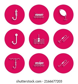 Set Fishing float in water, boat with oars on, line hook and, under, spoon and  icon. Vector