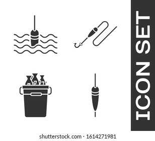 Set Fishing float, Fishing float in water, Fishing bucket with fishes and Fishing line with hook and float icon. Vector