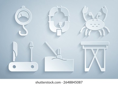 Set Fishing float in water, Crab, Swiss army knife, Folding chair, Inflatable boat and Spring scale icon. Vector