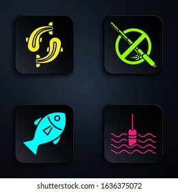 Set Fishing float in water, Fish, Fish and No fishing. Black square button. Vector