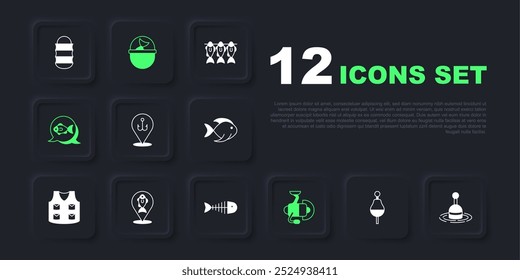 Set Fishing float, water, hook, Spinning reel for fishing, Location, bucket with and skeleton icon. Vector
