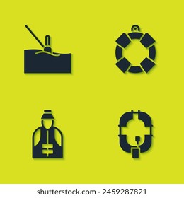 Set Fishing float in water, Inflatable boat, Fisherman and Lifebuoy icon. Vector
