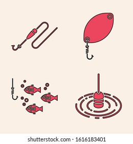 Set Fishing float in water, Fishing line with hook and float, Fishing spoon and Fishing hook under water with fish icon. Vector