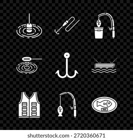 Fije el flotador de la pesca en el agua, línea con el anzuelo y la caña, pez, chaqueta, trofeo que cuelga en el tablero, red e icono. Vector