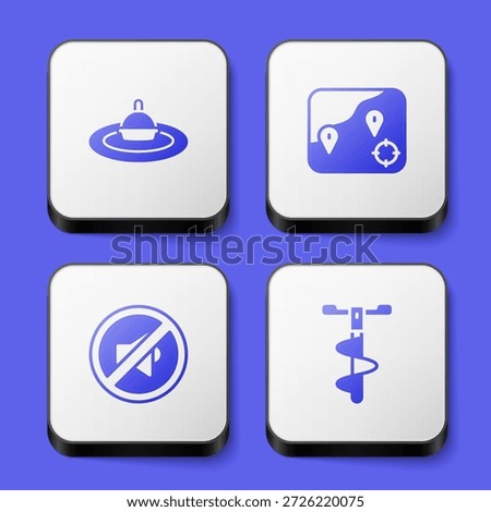 Set Fishing float in water, Location fishing, Speaker mute and Hand ice drill icon. White square button. Vector