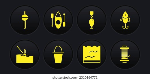 Set Fishing float in water, lure, bucket, Aquarium, spoon, Kayak or canoe, Spinning reel for fishing and  icon. Vector
