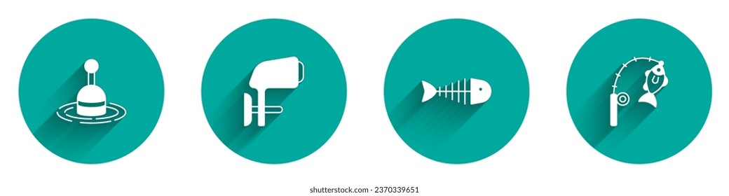 Set Fishing float in water, Outboard boat motor, skeleton and rod and fish icon with long shadow. Vector