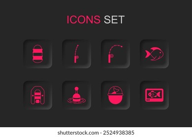 Set Fishing float in water, rod, net, bucket with fish, finder echo sounder,  and Inflatable boat motor icon. Vector