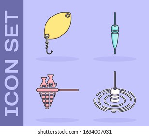 Set Fishing float in water, Fishing spoon, Fishing net with fish and Fishing float icon. Vector