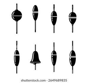 Conjunto de flutuadores de pesca e bobbers em um fundo branco para projetos ao ar livre e relacionados à pesca.
