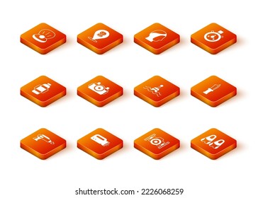 Set Fishing harpoon, Flashlight for diver, Aqualung, Photo camera, Floating buoy, Flippers swimming and Diving knife icon. Vector