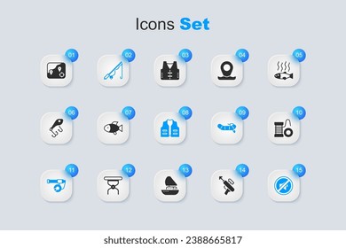 Set Fishing harpoon, rod, Speaker mute, Spinning reel for fishing, Location and jacket icon. Vector
