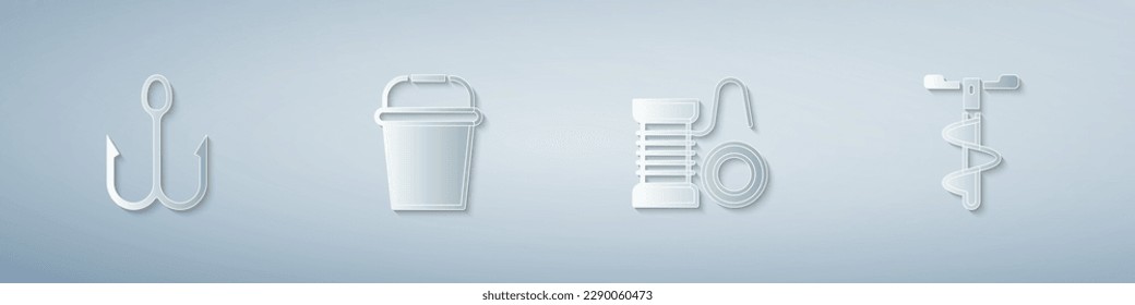 Set Fishing hook, bucket, Spinning reel for fishing and Hand ice drill. Paper art style. Vector