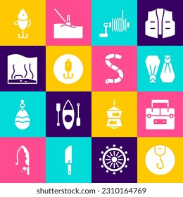 Set Fishing hook, Case container for wobbler, Rubber flippers swimming, Spinning reel fishing, Aquarium, lure and Worm icon. Vector