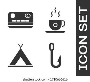 Set Fishing hook, Credit card, Tourist tent and Coffee cup icon. Vector