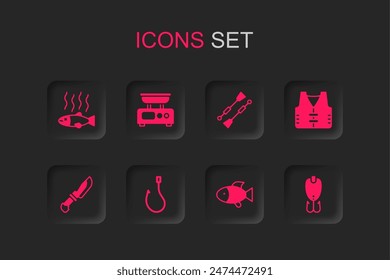 Set Fishing hook, Electronic scales, Dead fish, jacket, lure, Oars or paddles boat and Knife icon. Vector