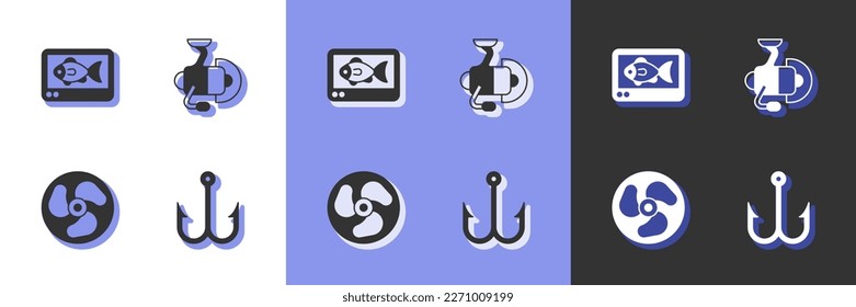 Set Fishing hook, finder echo sounder, Outboard boat motor and Spinning reel for fishing icon. Vector