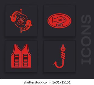 Set Fishing hook, Fish, Fish trophy hanging on the board and Fishing jacket icon. Vector