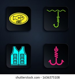 Set Fishing hook, Fish trophy hanging on the board, Fishing jacket and Fishing hook under water. Black square button. Vector