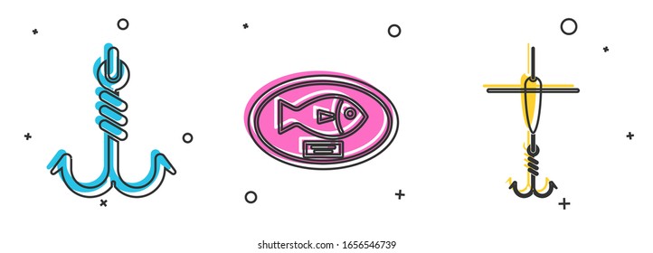 Set Fishing hook, Fish trophy hanging on the board and Fishing hook and float icon. Vector
