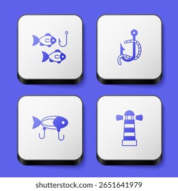 Set Fishing hook with fish, and worm, lure and Lighthouse icon. White square button. Vector