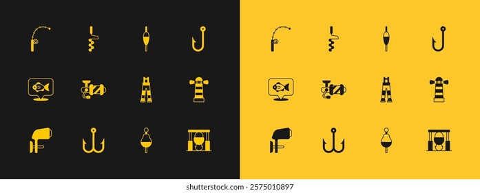 Set Fishing hook, Fisherman pants, float, Spinning reel for fishing, rod and Hand ice drill icon. Vector