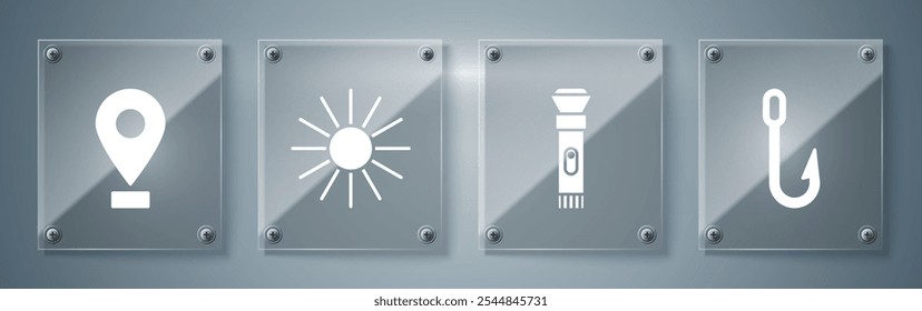 Set Angelhaken, Taschenlampe, Sonne und Lage. Quadratische Glasplatten. Vektorgrafik