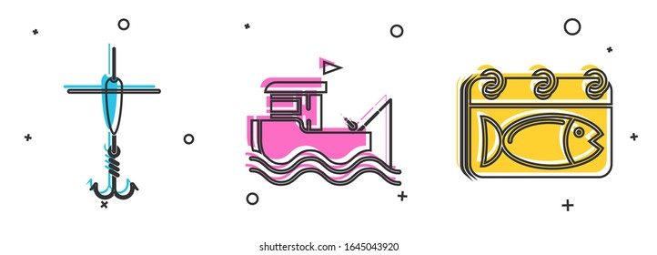 Set Fishing hook and float, Fishing boat with fishing rod on water and Calendar with a fish icon. Vector