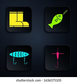Set Fishing hook and float, Fishing boots, Fishing lure and Fish on hook. Black square button. Vector