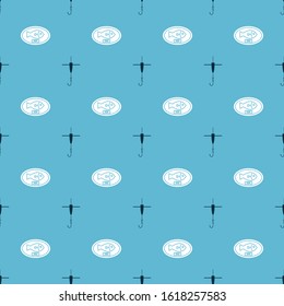 Set Fishing hook and float and Fish trophy hanging on the board on seamless pattern. Vector